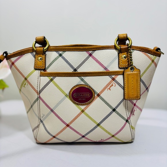 Coach Handbags - Coach Peyton Tattersall Tote Purse Handbag Ivory Plaid Multicolor